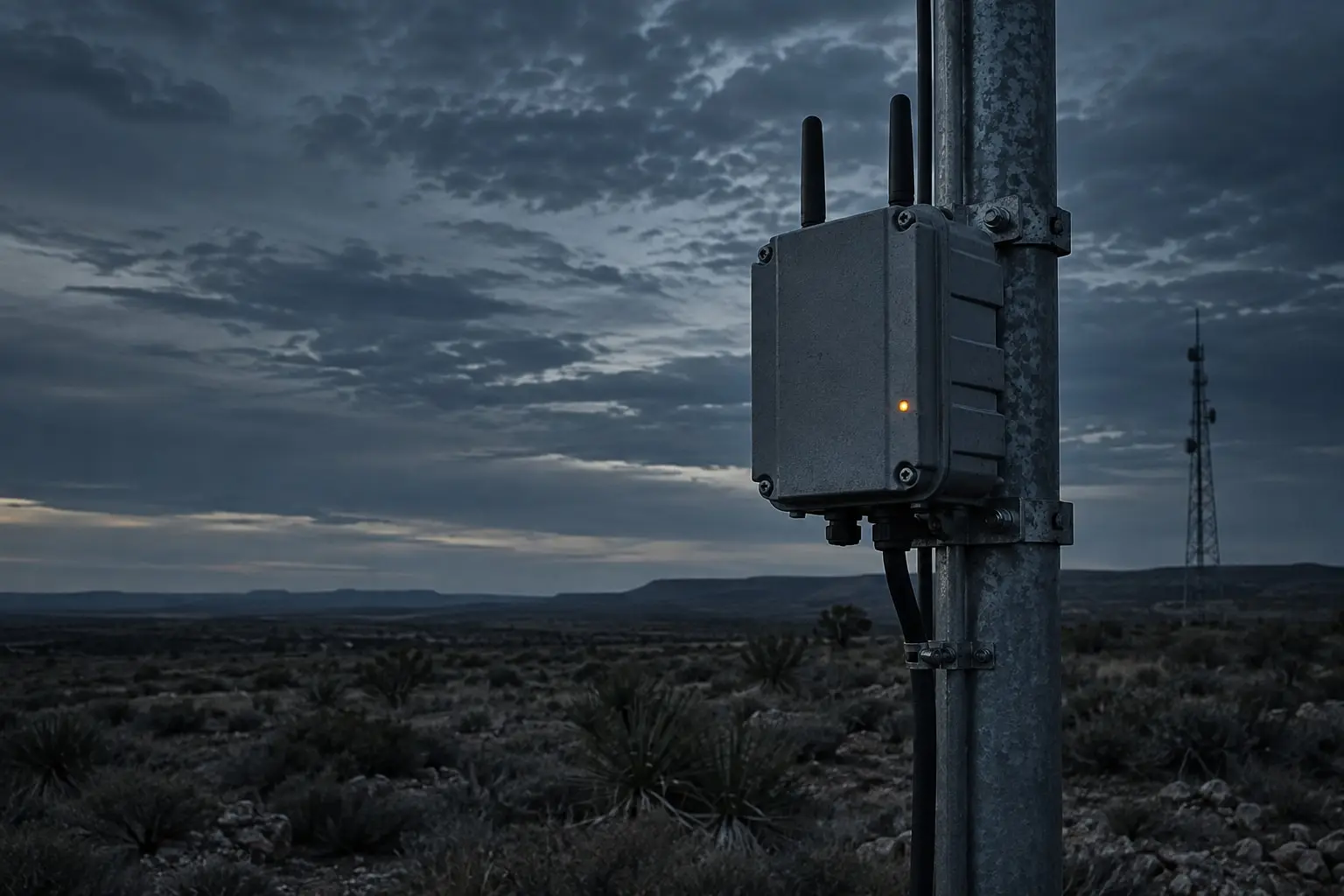 Weatherproof IoT gateway with cellular antennas on a steel pole in West Texas rangeland at dusk