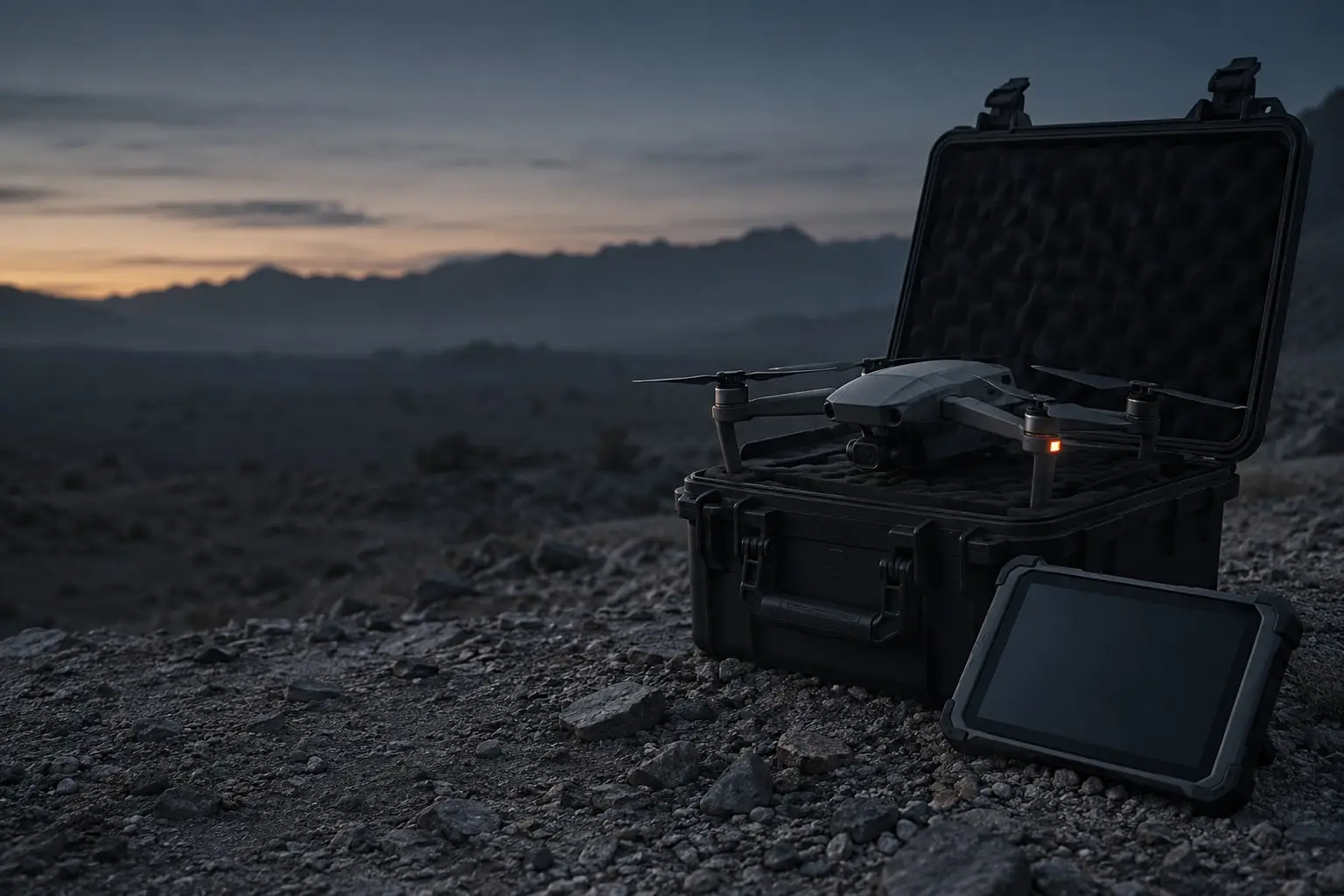 Unmarked quadcopter drone on a rugged equipment case in the desert at first light