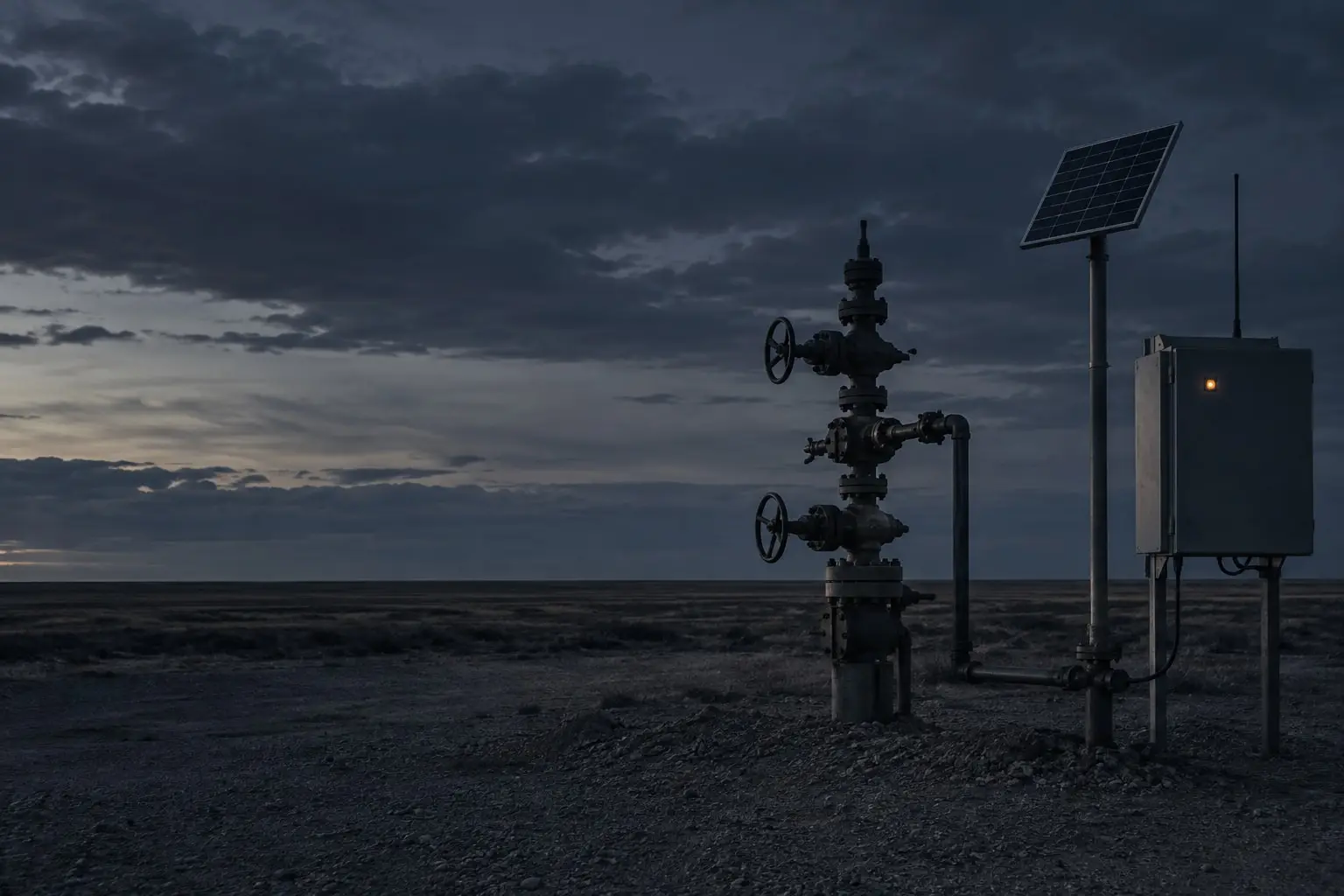 Remote wellhead with a solar-powered telemetry cabinet at dusk