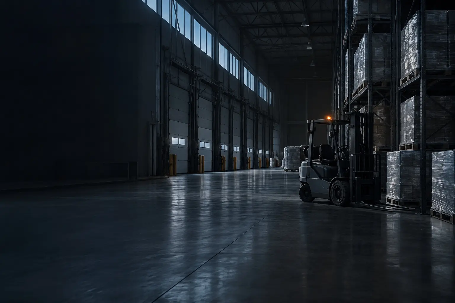 Distribution center at pre-dawn with pallet racking, loading docks and a parked forklift