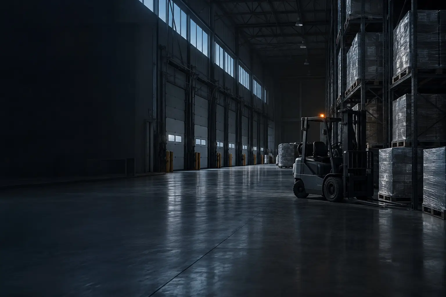 Distribution center at pre-dawn with pallet racking, loading docks and a parked forklift