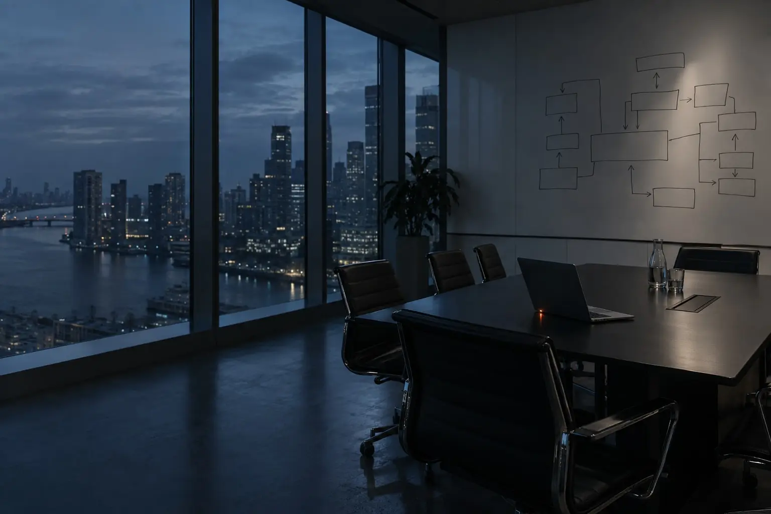 Boardroom at dusk with a whiteboard of system architecture sketches and a city skyline