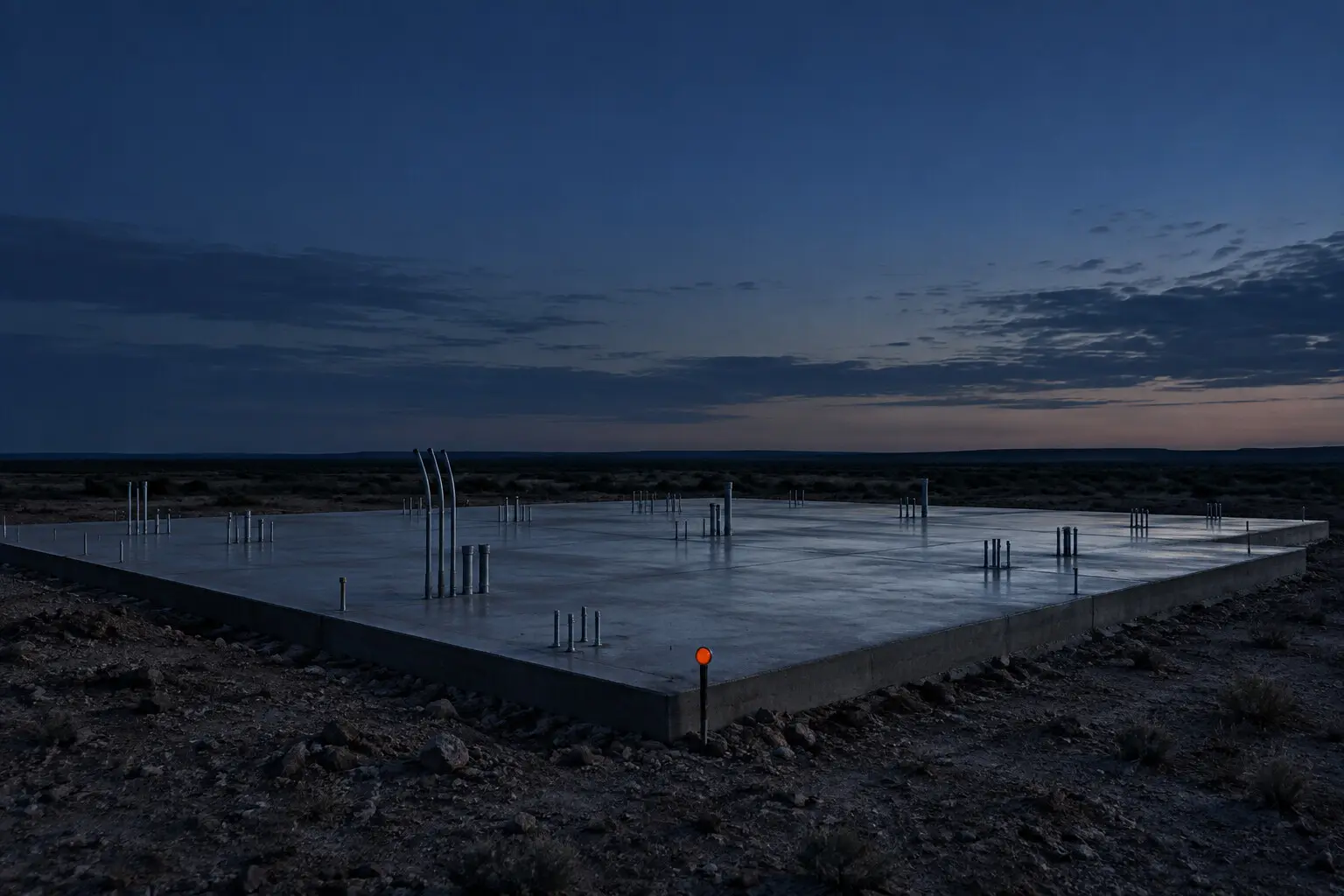 A freshly poured, empty concrete foundation slab with conduit stubbed up, on open West Texas ground at dusk