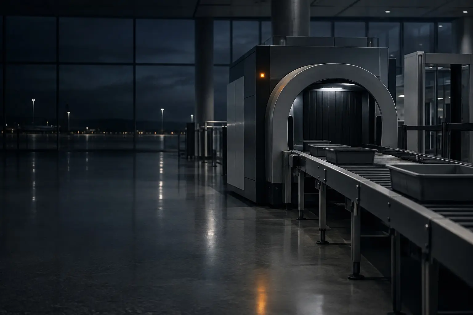 Empty airport security checkpoint with a baggage CT scanner and conveyor at night