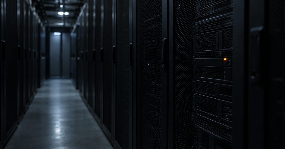 Long, dimly lit data center aisle lined with server racks