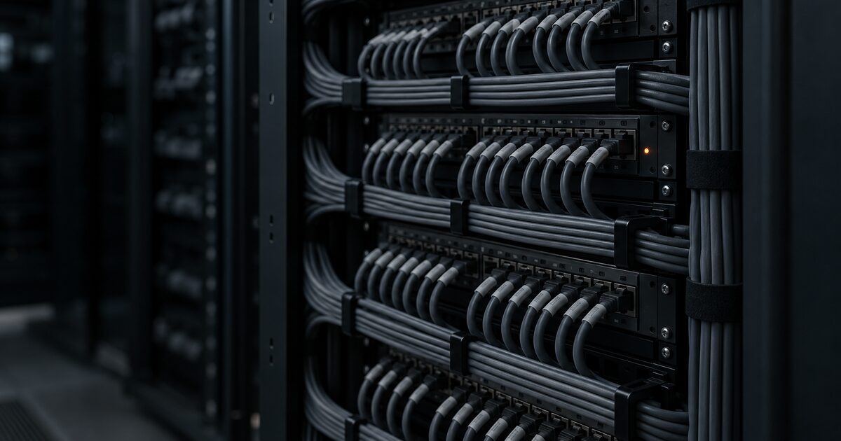 Close-up of a server rack with neatly bundled, labeled network cables