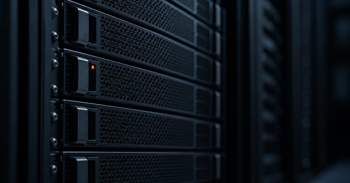 Close-up of rack-mounted servers with a single amber status light