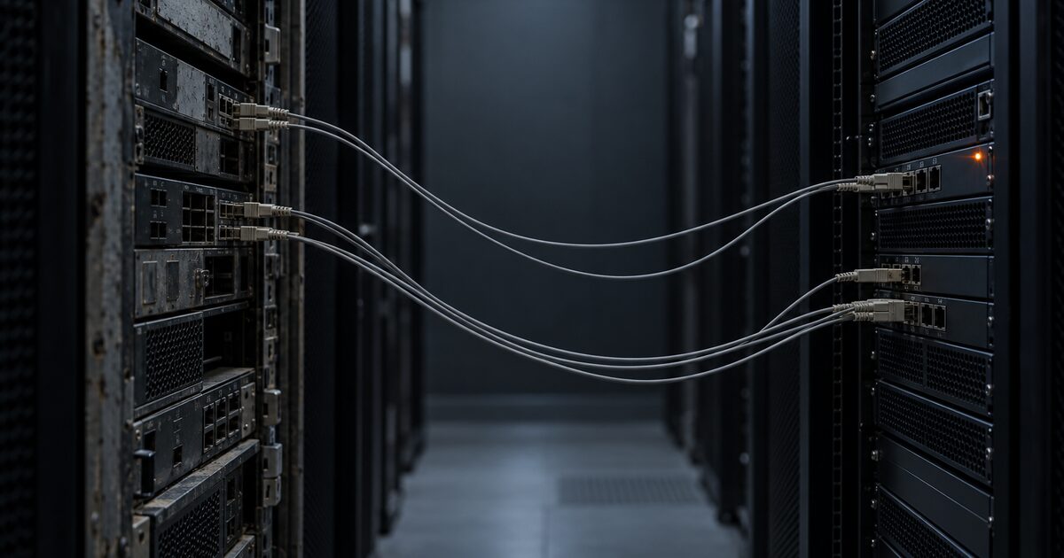 Network cables strung across a data center aisle between two server racks