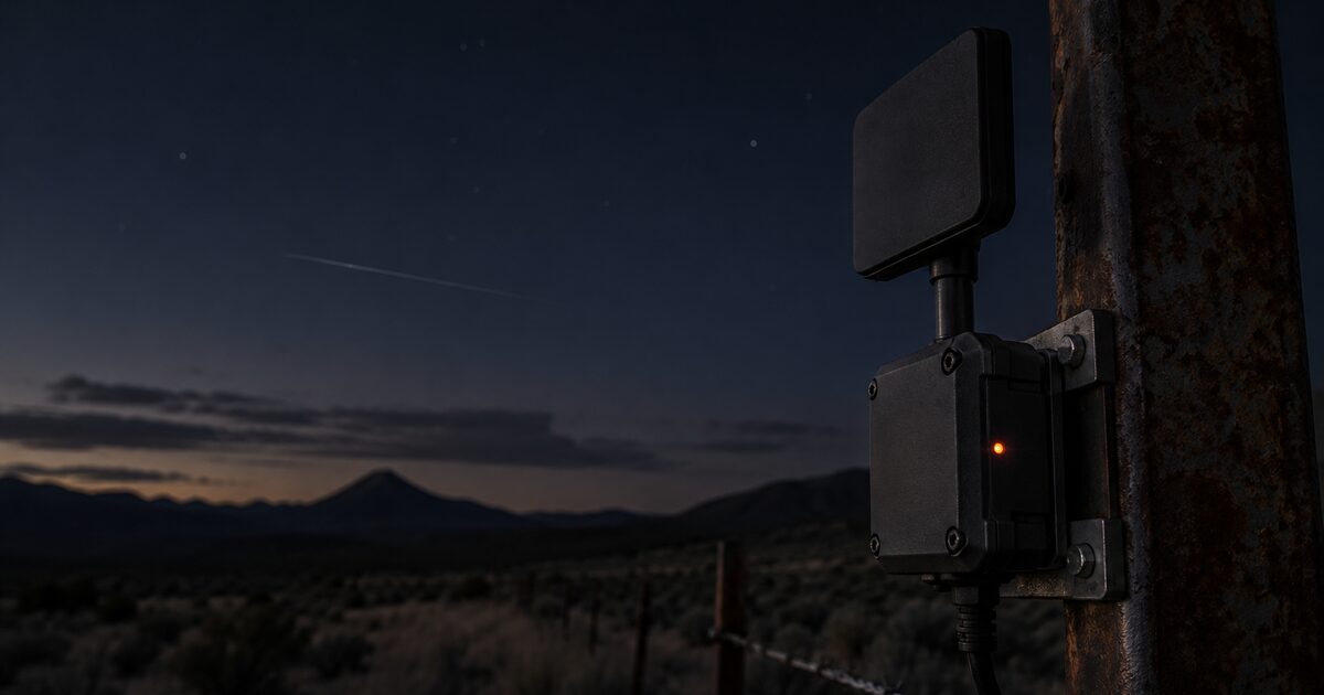 Satellite IoT terminal mounted on a fence post in the desert at dusk, with a satellite streaking across the sky