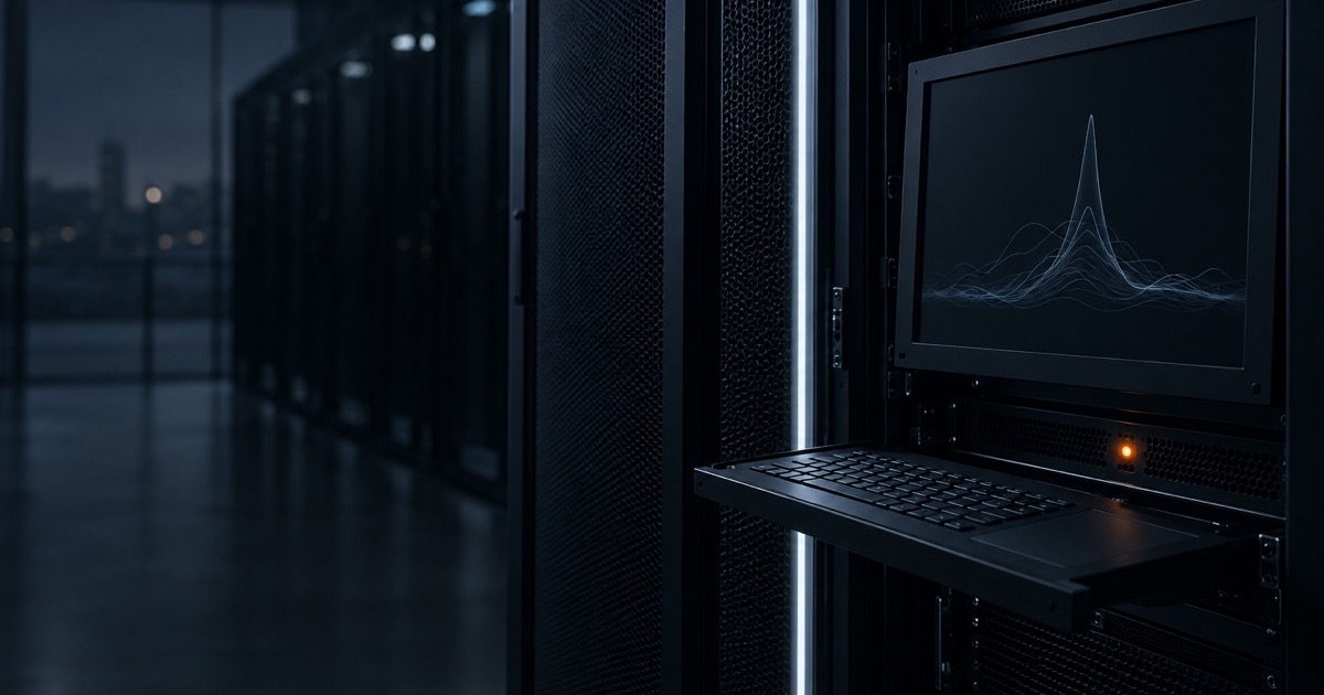 Rack console in a data center showing a sharp usage peak on its monitor